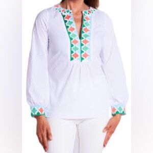 CK Bradley XS Clementine White Coral Contrast Embroidered Cotton Blouse NWT